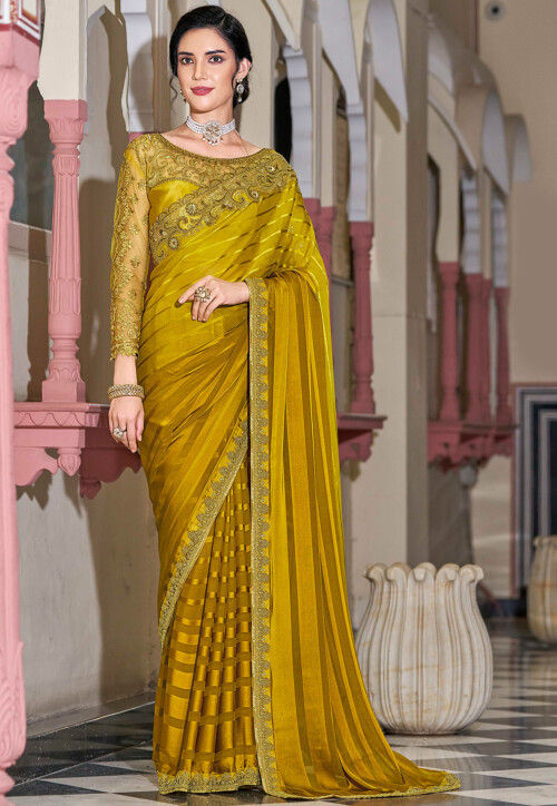 Embroidered Border Chiffon Saree in Light Olive Green