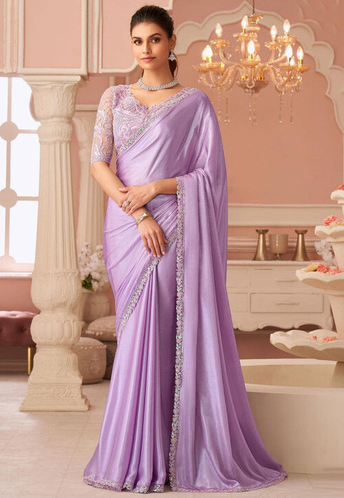 Embroidered Border Chiffon Saree in Light Purple