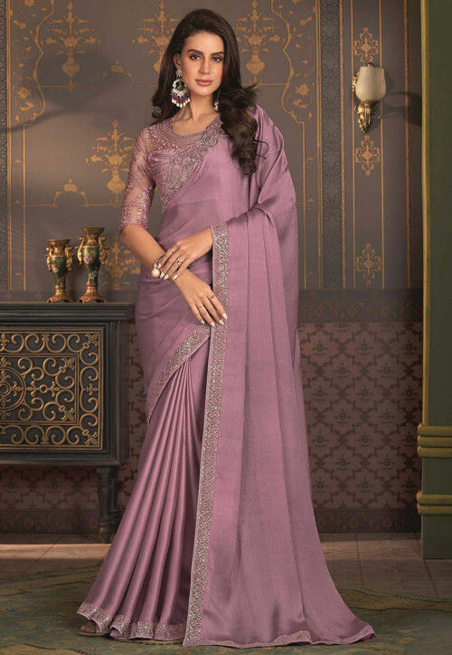 Embroidered Border Chiffon Saree in Light Purple