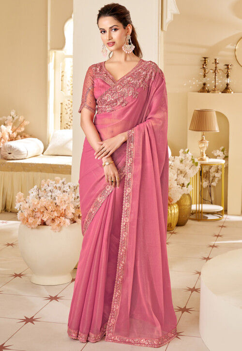 Embroidered Border Chiffon Saree in Pink