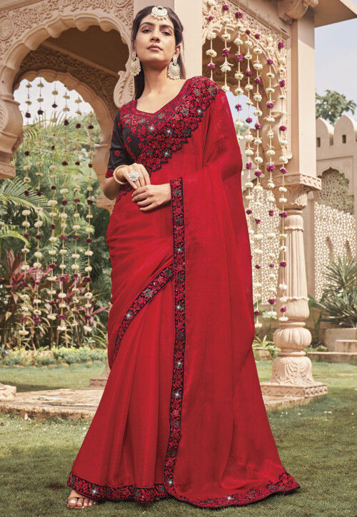 Embroidered Border Chiffon Saree in Red