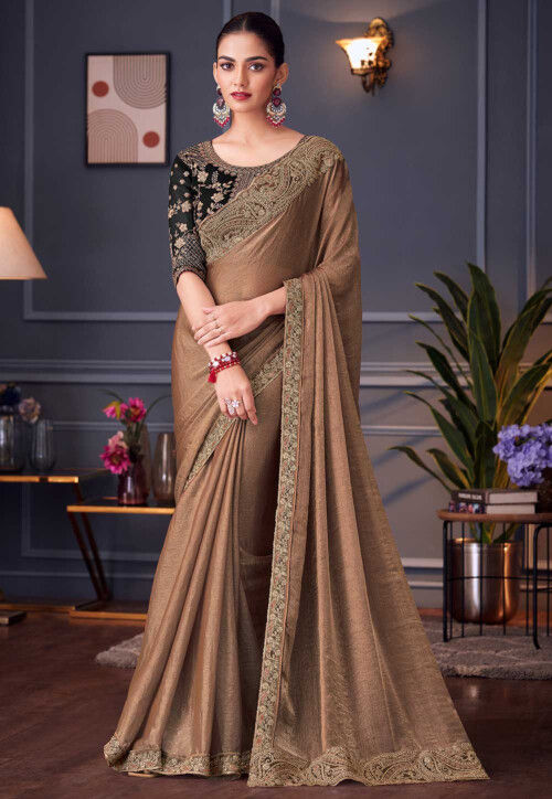Embroidered Border Chiffon Scalloped Saree in Beige