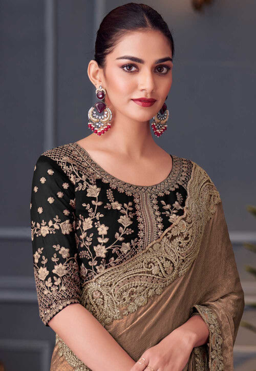 Embroidered Border Chiffon Scalloped Saree in Beige