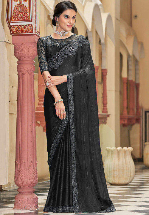 Buy Black Saree In Tussar Silk With Colorful Brocade Patchwork In Floral  Motifs And Unstitched Blouse Online - Kalki Fashion