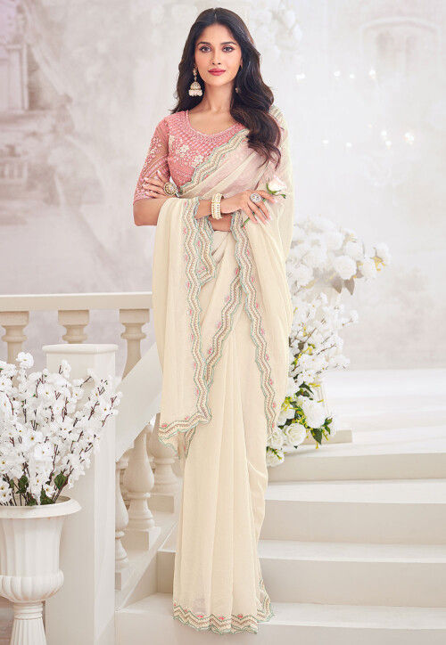 Embroidered Border Chiffon Scalloped Saree in Off White