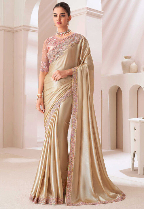 Embroidered Border Chiffon Shimmer Saree in Beige