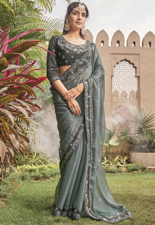 Embroidered Border Chiffon Shimmer Saree in Grey