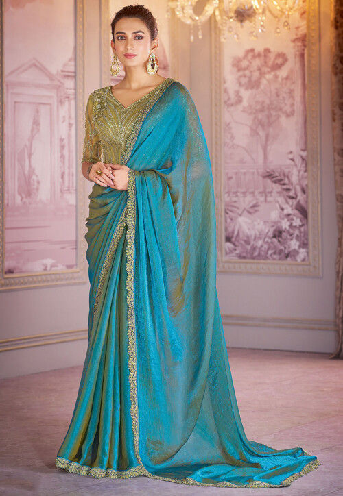 Pre-stitched Chiffon Shimmer Scalloped Saree in Blue