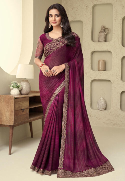 Embroidered Border Chiffon Shimmer Scalloped Saree in Maroon