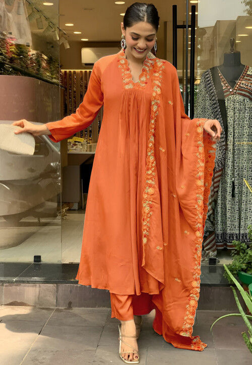 Embroidered Border Chinon Chiffon A Line Suit in Orange