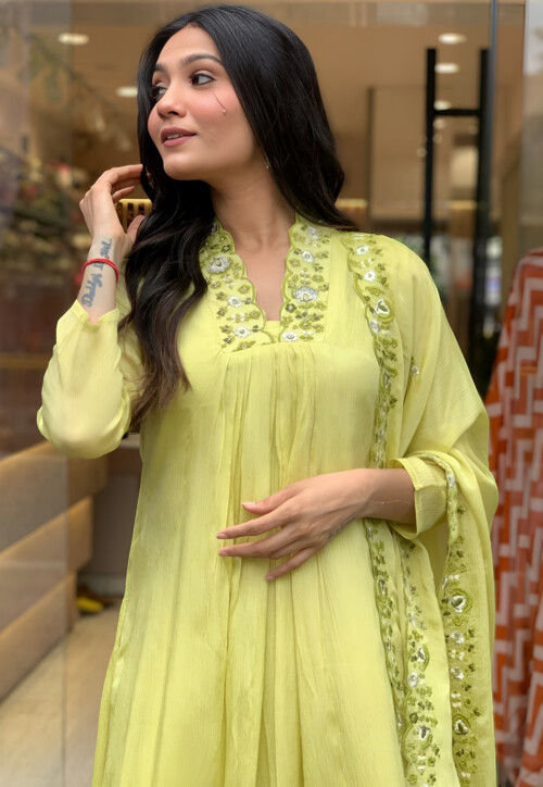 Embroidered Border Chinon Chiffon A Line Suit in Yellow