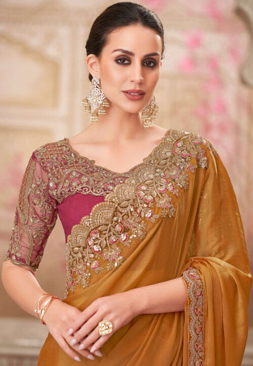 Embroidered Border Chinon Chiffon Scalloped Saree in Mustard