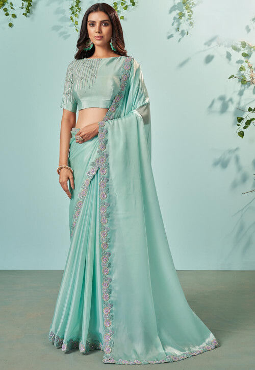 Sea Green Pre Pleated Saree in Lycra with Embellished Blouse