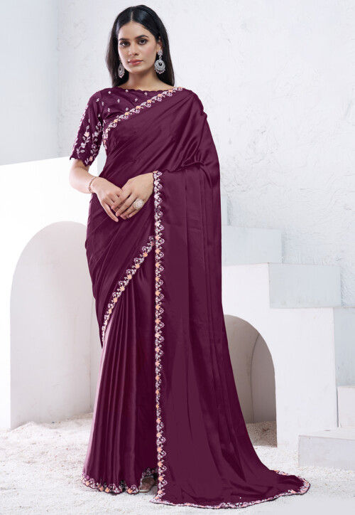 Embroidered Border Crepe Silk Saree in Wine