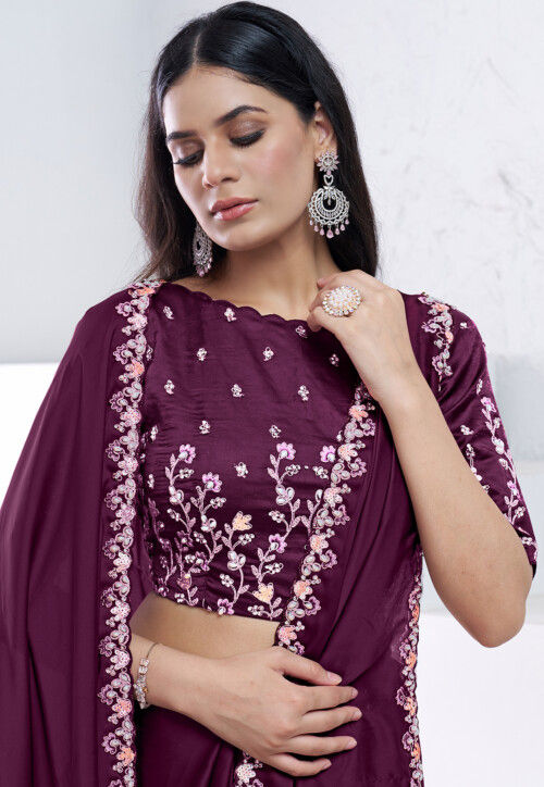 Embroidered Border Crepe Silk Saree in Wine