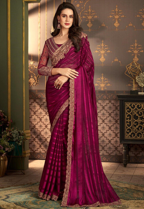 Embroidered Border Georgette Brasso Saree in Magenta