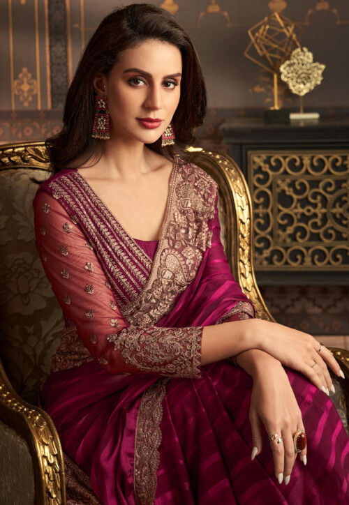 Embroidered Border Georgette Brasso Saree in Magenta