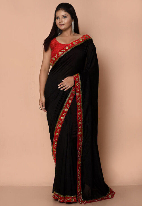 Embroidered Border Georgette Saree in Black