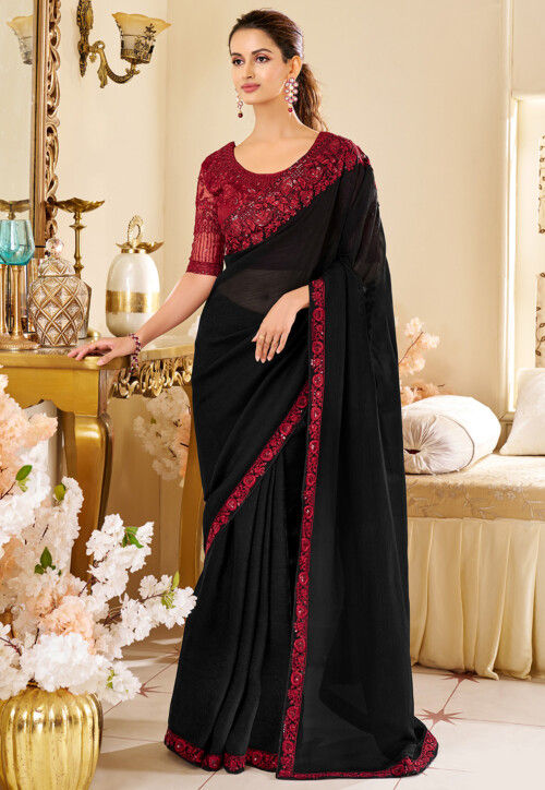 Embroidered Border Georgette Saree in Black