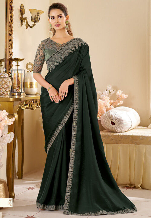 Embroidered Border Georgette Saree in Dark Green