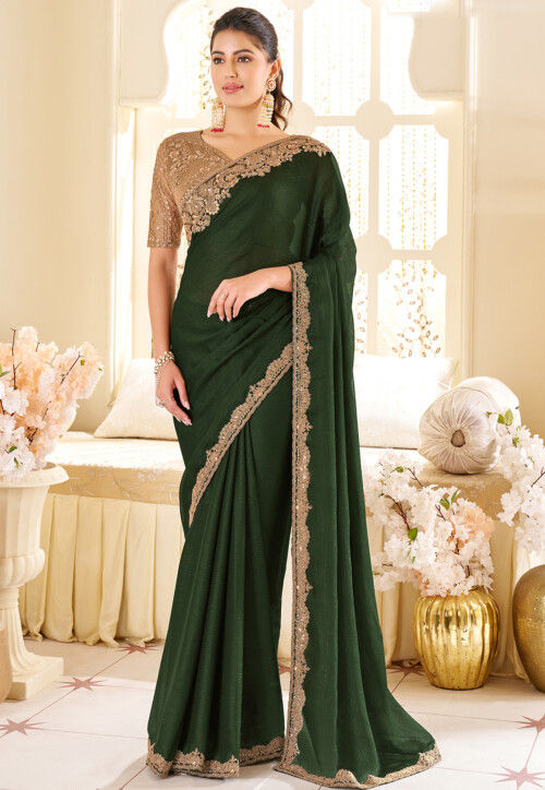 Embroidered Border Georgette Saree in Dark Green