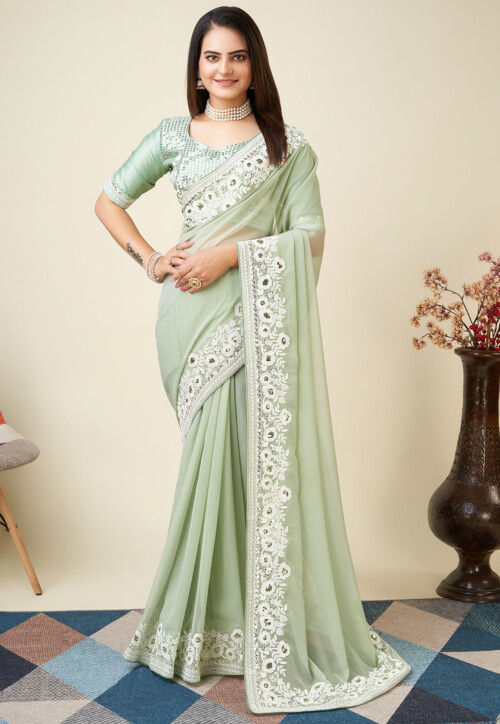 Embroidered Border Georgette Saree in Light Green
