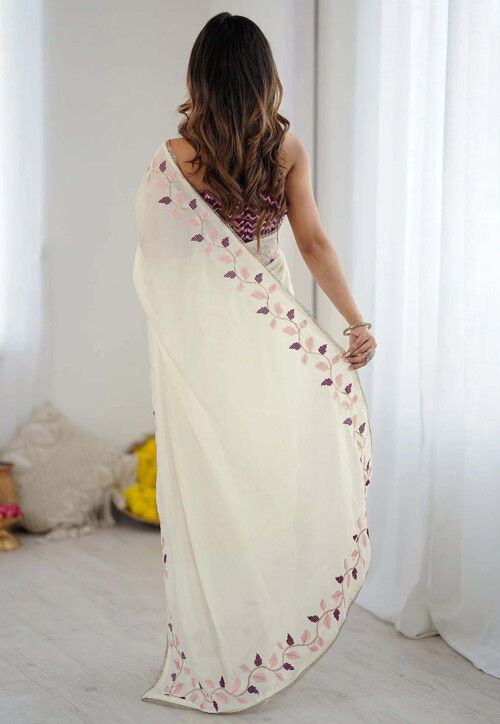 Embroidered Border Georgette Saree in Off White