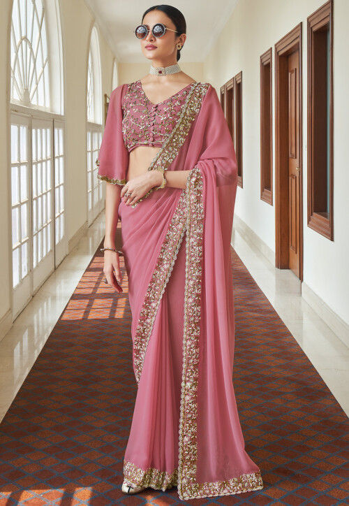 Buy Georgette Ready to Wear Saree With Zari Lines and Border Online