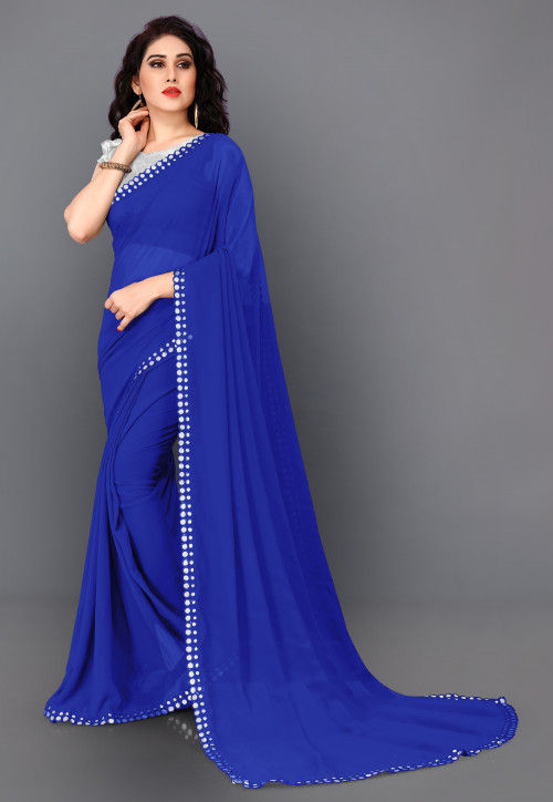 Embroidered Border Georgette Saree in Royal Blue : SJRA2272