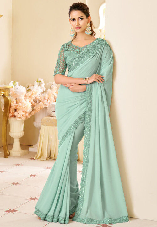 Embroidered Border Georgette Saree in Sea Green