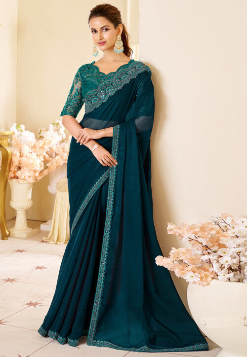 Embroidered Border Georgette Saree in Teal Blue