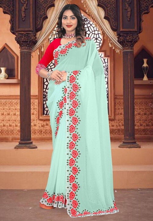 Embroidered Border Georgette Scalloped Saree in Light Green