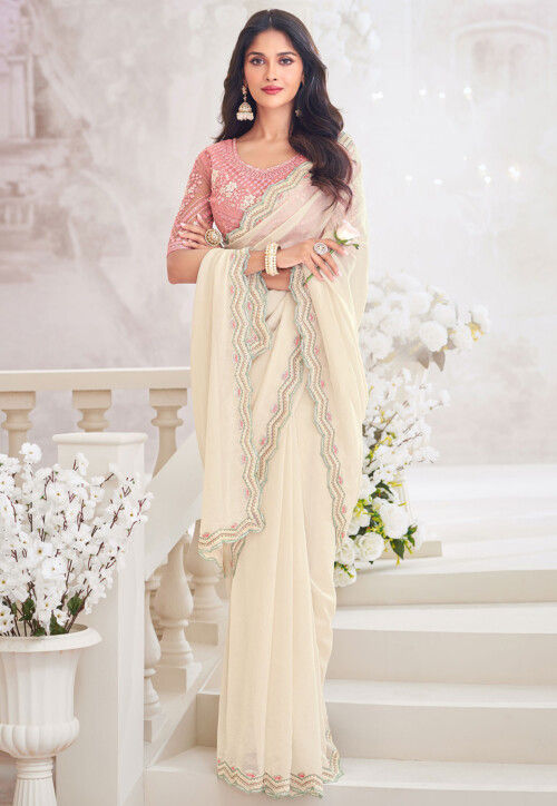 Embroidered Border Georgette Shimmer Saree in Off White