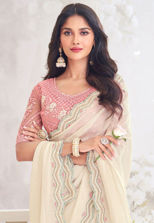 Embroidered Border Georgette Shimmer Saree in Off White
