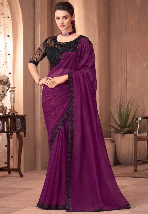 Beautiful Purple Shimmer Georgette Saree With Thread and Sequins Work and  Running Blouse Piece - Etsy