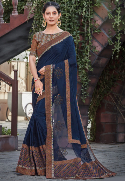 RE - Stunning Blue Colored Georgette Silk Plain Saree - Sarees - Indian