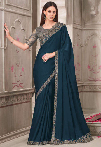 Embroidered Border Georgette Silk Saree in Teal Blue