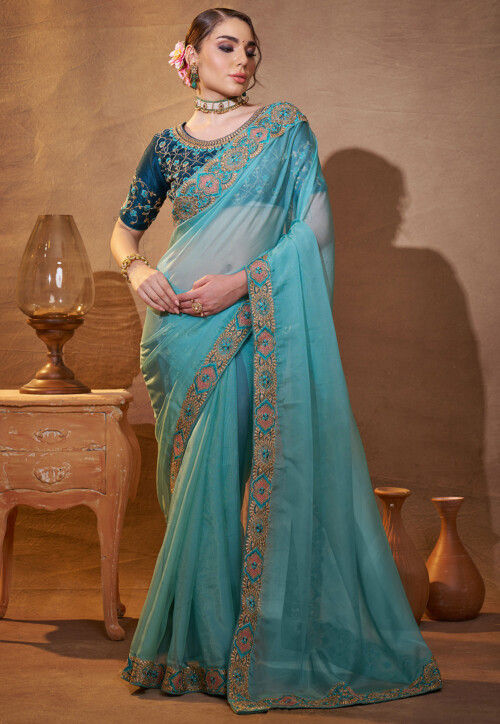 Embroidered Border Organza Saree in Sky Blue
