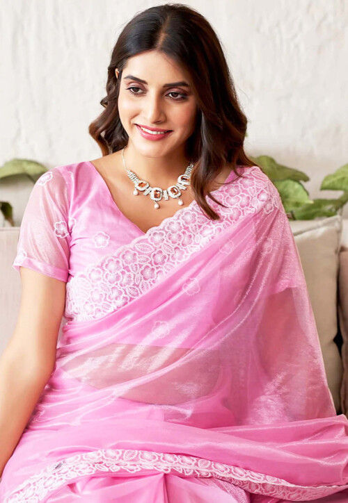 Embroidered Border Organza Scalloped Saree in Pink