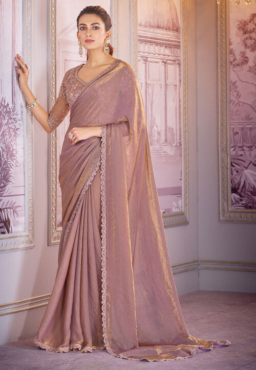 Embroidered Border Organza Scalloped Saree in Purple