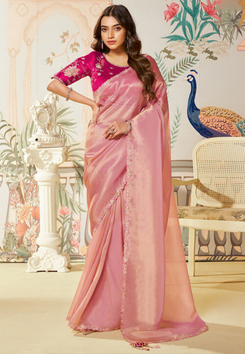 Embroidered Border Organza Shimmer Saree in Pink