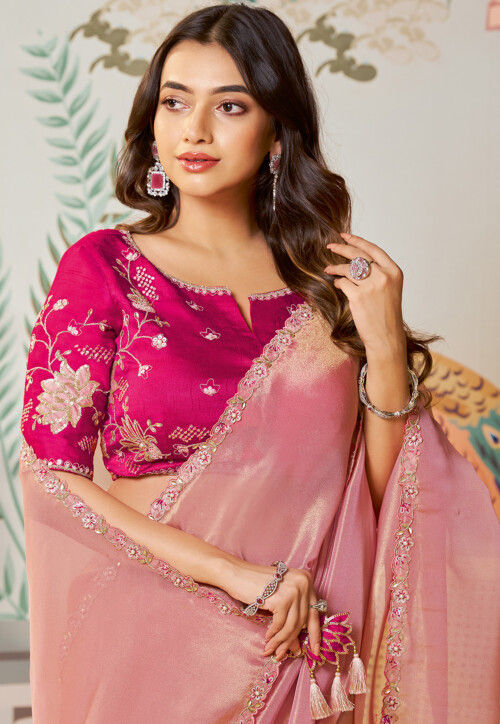 Embroidered Border Organza Shimmer Saree in Pink