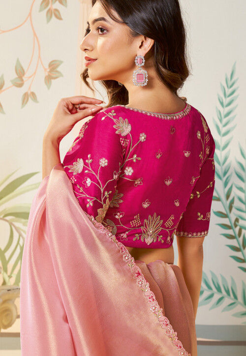 Embroidered Border Organza Shimmer Saree in Pink