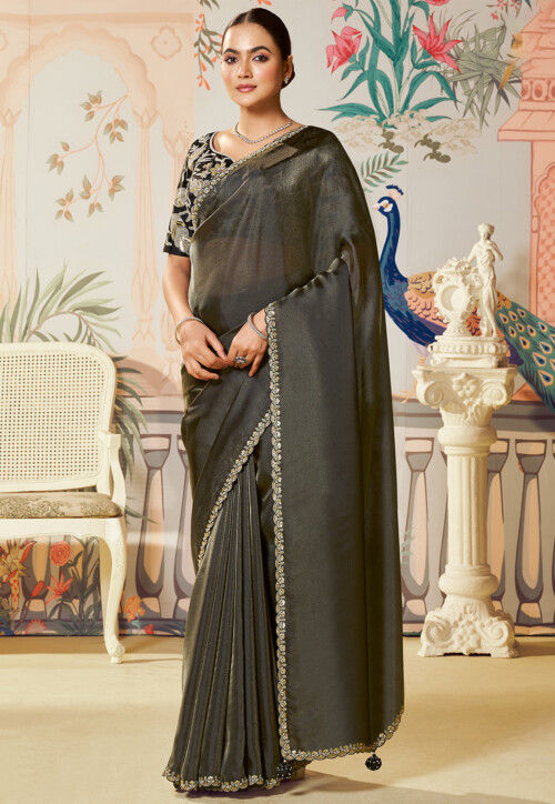 Embroidered Border Organza Shimmer Scalloped Saree in Black