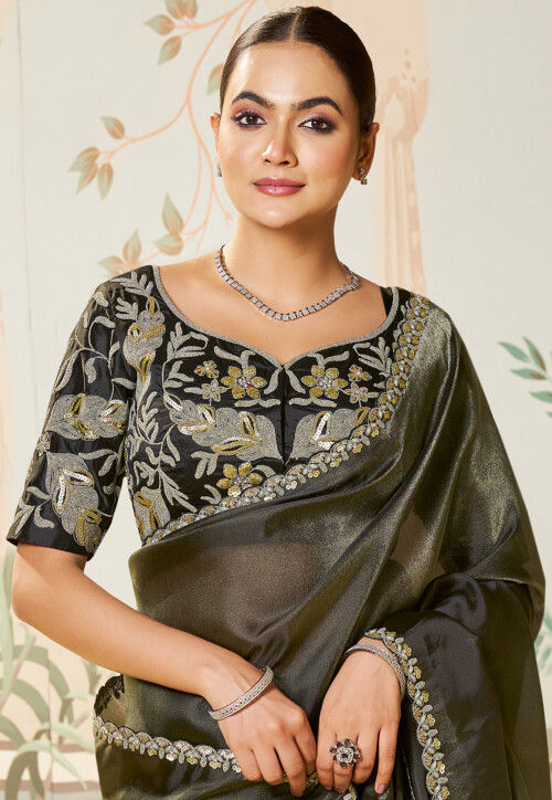 Embroidered Border Organza Shimmer Scalloped Saree in Black