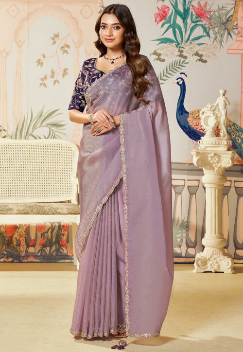 Embroidered Border Organza Shimmer Scalloped Saree in Light Purple