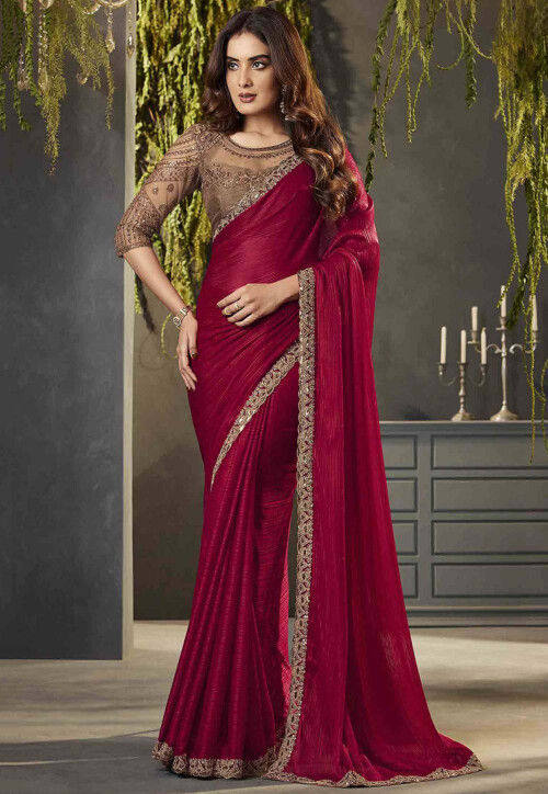 Embroidered Border Chiffon Saree in Fuchsia : SPF9234