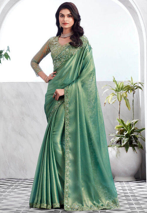 Embroidered Border Satin Chiffon Saree in Teal Green