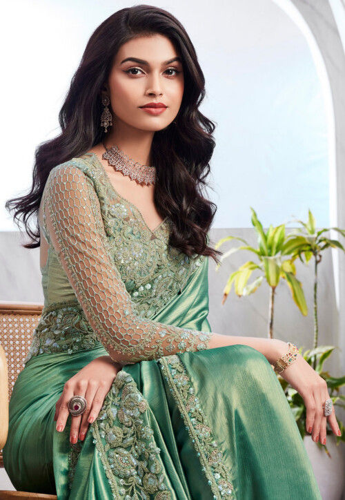 Teal Green Lagoon Tint Embroidered Saree main image 1