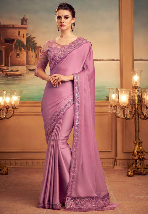 Light purple silk satin plain saree with designer blouse 42017